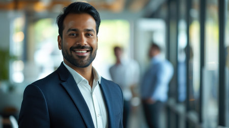 Portrait of a handsome smiling asian indian businessman boss standing in his modern business company office.の素材