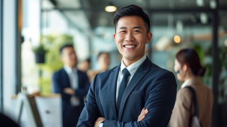 Portrait of a handsome smiling asian businessman boss standing in his modern business company office.の素材