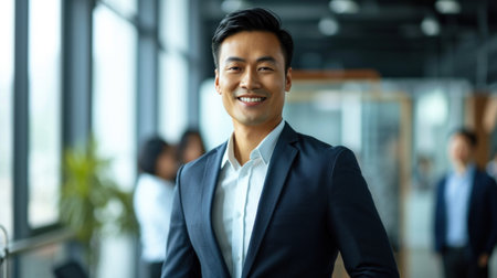 Portrait of a handsome smiling asian businessman boss standing in his modern business company office.の素材