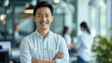 Portrait of a handsome smiling asian businessman boss standing in his modern business company office.の素材