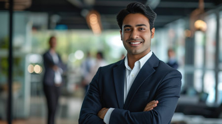 Portrait of a handsome smiling asian indian businessman boss standing in his modern business company office.の素材