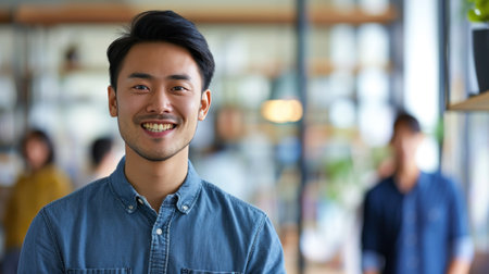 Portrait of a handsome smiling asian businessman boss standing in his modern business company office.の素材