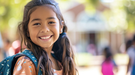 Portrait of a child girl on her first day at school.の素材