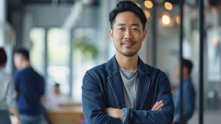 Portrait of a handsome smiling asian businessman boss standing in his modern business company office.の素材