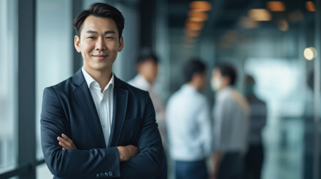 Portrait of a handsome smiling asian businessman boss standing in his modern business company office.の素材