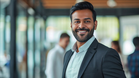 Portrait of a handsome smiling asian indian businessman boss standing in his modern business company office.の素材