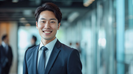 Portrait of a handsome smiling asian businessman boss standing in his modern business company office.の素材