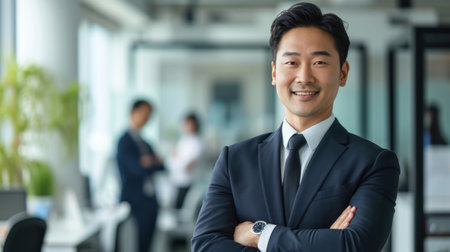 Portrait of a handsome smiling asian businessman boss standing in his modern business company office.の素材