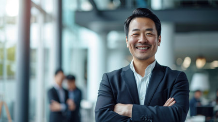 Portrait of a handsome smiling asian businessman boss standing in his modern business company office.の素材