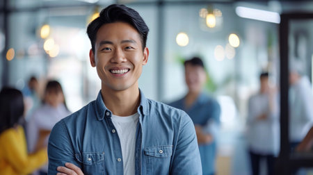 Portrait of a handsome smiling asian businessman boss standing in his modern business company office.の素材