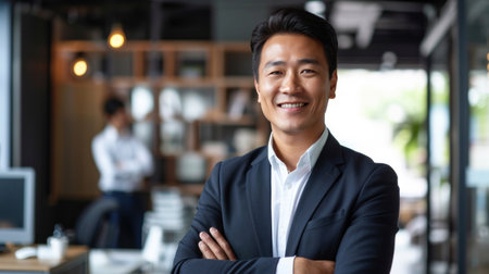 Portrait of a handsome smiling asian businessman boss standing in his modern business company office.の素材