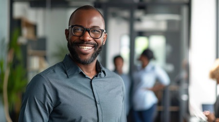Portrait of a handsome smiling black businessman boss standing in his modern business company office.の素材
