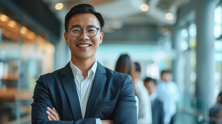 Portrait of a handsome smiling asian businessman boss standing in his modern business company office.の素材