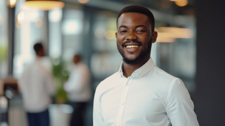 Portrait of a handsome smiling black businessman boss standing in his modern business company office.の素材