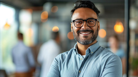 Portrait of a handsome smiling asian indian businessman boss standing in his modern business company office.の素材
