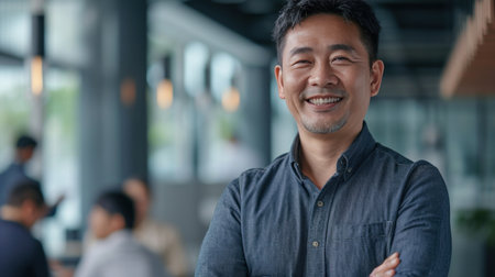 Portrait of a handsome smiling asian businessman boss standing in his modern business company office.の素材