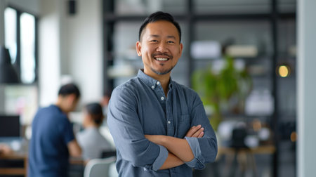 Portrait of a handsome smiling asian businessman boss standing in his modern business company office.の素材
