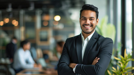 Portrait of a handsome smiling asian indian businessman boss standing in his modern business company office.の素材