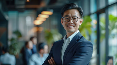Portrait of a handsome smiling asian businessman boss standing in his modern business company office.の素材