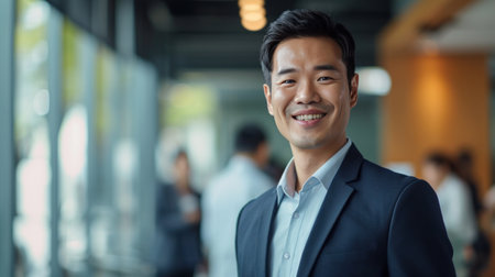 Portrait of a handsome smiling asian businessman boss standing in his modern business company office.の素材