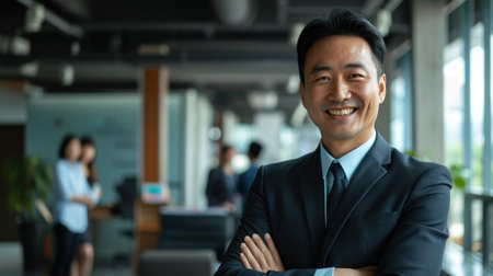 Portrait of a handsome smiling asian businessman boss standing in his modern business company office.の素材