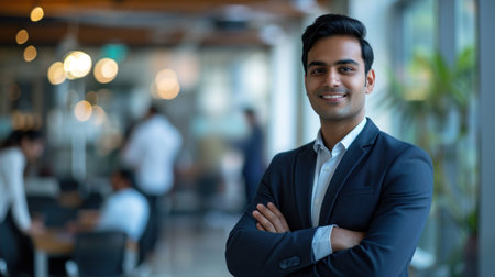 Portrait of a handsome smiling asian indian businessman boss standing in his modern business company office.の素材
