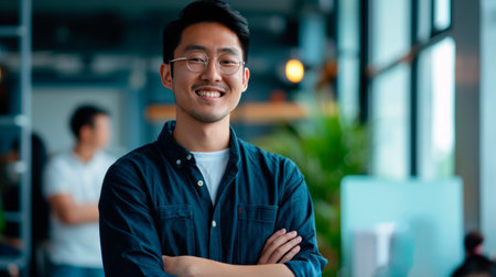 Portrait of a handsome smiling black businessman boss standing in his modern business company office.の素材