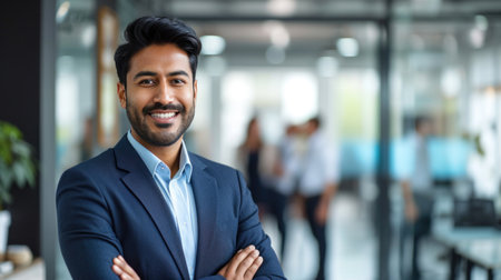 Portrait of a handsome smiling asian indian businessman boss standing in his modern business company office.の素材