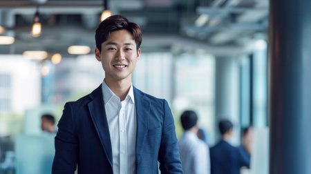 Portrait of a handsome smiling asian businessman boss standing in his modern business company office.の素材