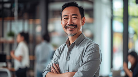Portrait of a handsome smiling asian businessman boss standing in his modern business company office.の素材