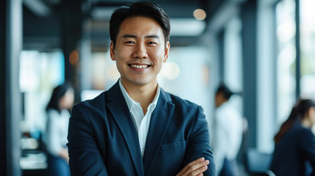 Portrait of a handsome smiling asian businessman boss standing in his modern business company office.の素材