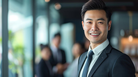 Portrait of a handsome smiling asian businessman boss standing in his modern business company office.の素材
