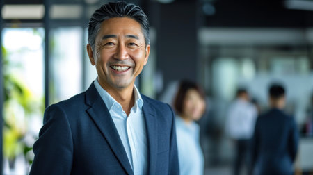 Portrait of a handsome smiling asian businessman boss standing in his modern business company office.の素材