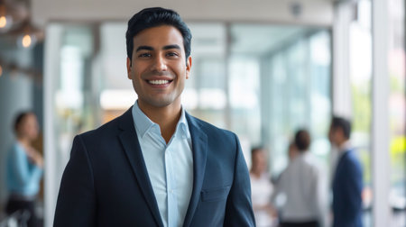 Portrait of a handsome smiling asian indian businessman boss standing in his modern business company office.の素材