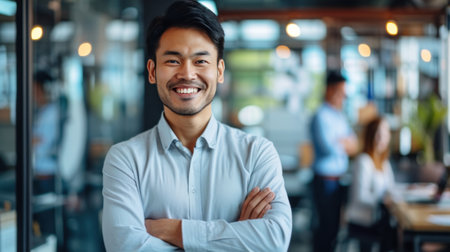 Portrait of a handsome smiling asian businessman boss standing in his modern business company office.の素材
