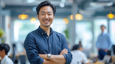 Portrait of a handsome smiling asian businessman boss standing in his modern business company office.の素材