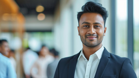 Portrait of a handsome smiling asian indian businessman boss standing in his modern business company office.の素材