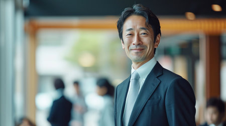 Portrait of a handsome smiling asian businessman boss standing in his modern business company office.の素材