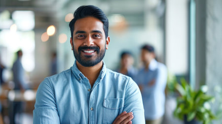 Portrait of a handsome smiling asian indian businessman boss standing in his modern business company office.の素材