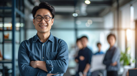 Portrait of a handsome smiling asian businessman boss standing in his modern business company office.の素材