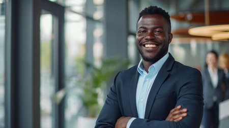 Portrait of a handsome smiling black businessman boss standing in his modern business company office.の素材