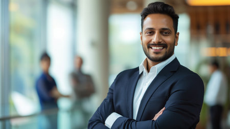 Portrait of a handsome smiling asian indian businessman boss standing in his modern business company office.の素材