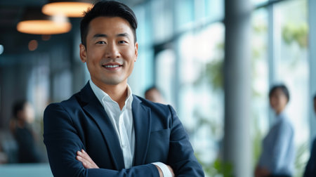 Portrait of a handsome smiling asian businessman boss standing in his modern business company office.の素材