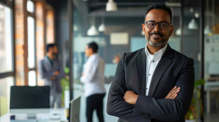 Portrait of a handsome smiling asian indian businessman boss standing in his modern business company office.の素材