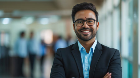 Portrait of a handsome smiling asian indian businessman boss standing in his modern business company office.の素材