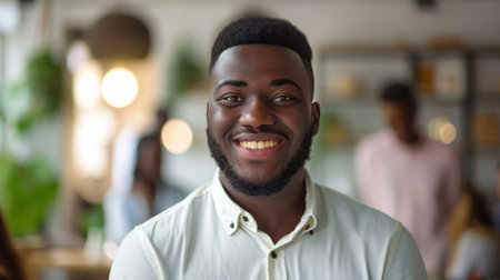 Portrait of a handsome smiling black businessman boss standing in his modern business company office.の素材
