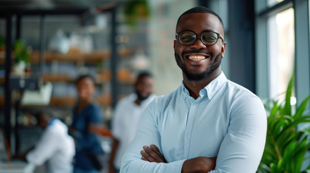 Portrait of a handsome smiling black businessman boss standing in his modern business company office.の素材