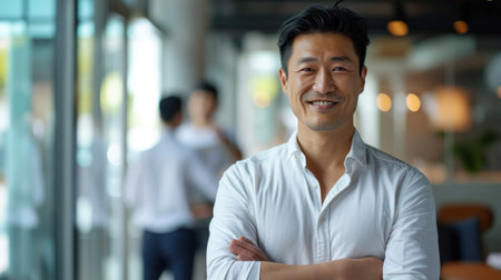Portrait of a handsome smiling asian businessman boss standing in his modern business company office.の素材