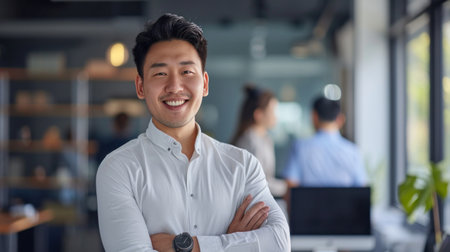 Portrait of a handsome smiling asian businessman boss standing in his modern business company office.の素材