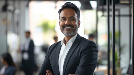 Portrait of a handsome smiling asian indian businessman boss standing in his modern business company office.の素材